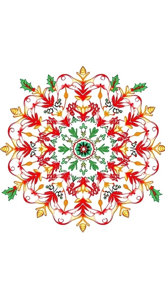 A colorful Christmas mandala with snowflakes and holly, showcasing intricate patterns in red, green, and gold.